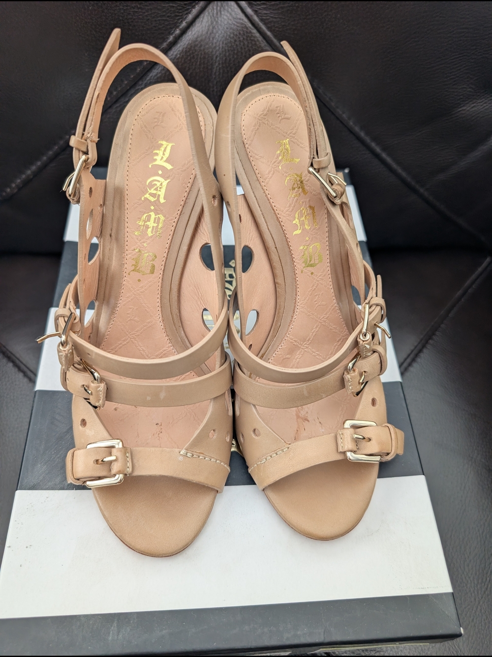 L.A.M.B. Beige Nude Buckle Slingback Heeled Sandals